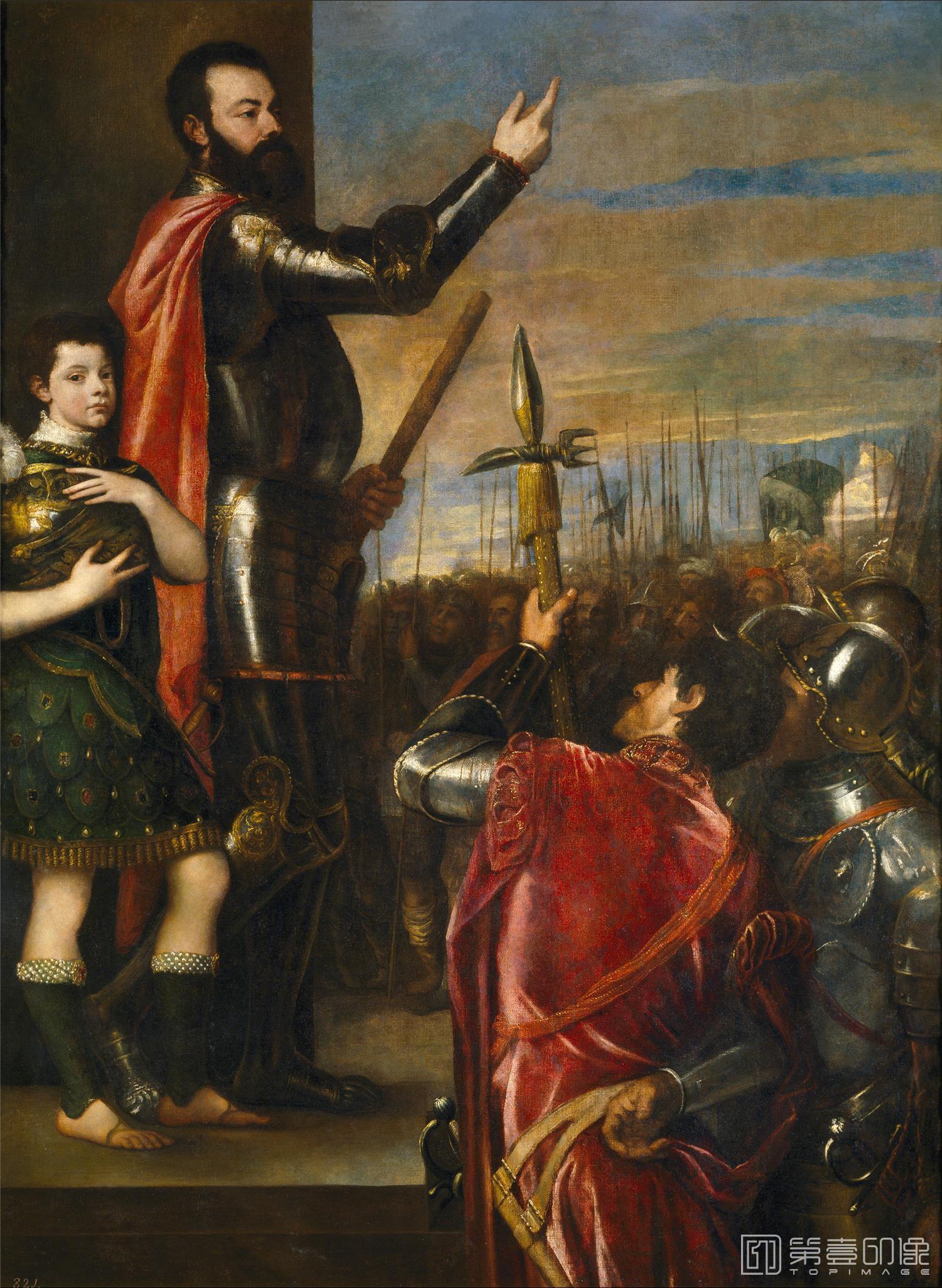 油画-西班牙普拉多美术馆油画藏画-Tiziano, Vecellio di Gregorio-Alocución del marqués del Vasto a sus soldados-223cm x 165cm-2760